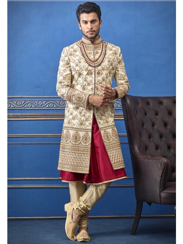 Golden Colour Silk Designer Sherwani.