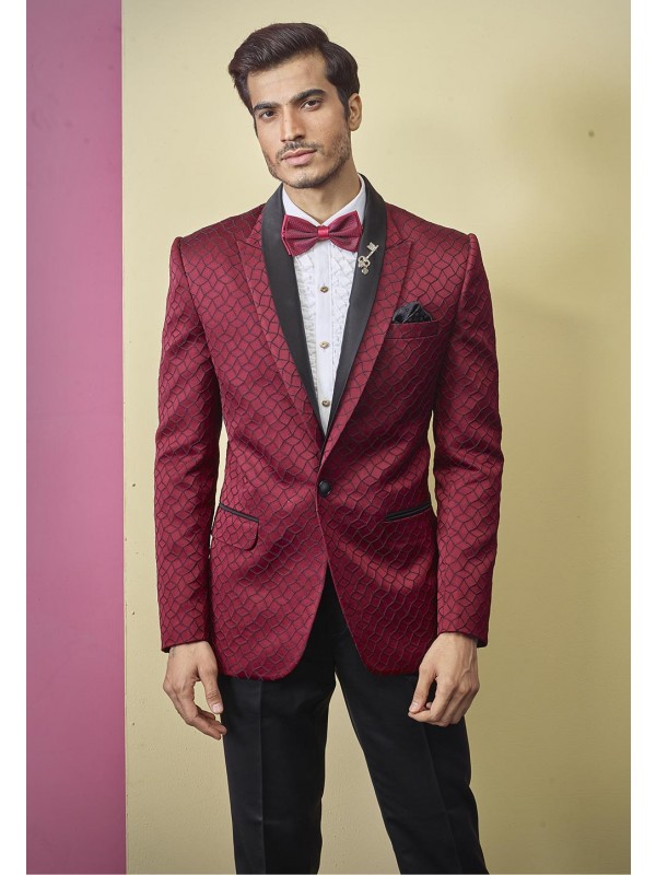 Textured Designer Tuxedo Suit Maroon Colour.
