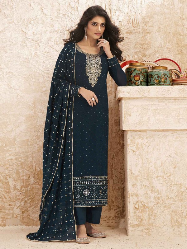 Georgette Fabric Party Wear Salwar Suit Blue Colour.