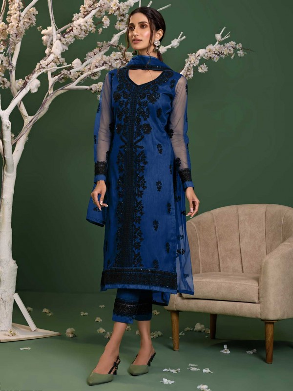 Net Fabric Salwar Suit Blue Colour.