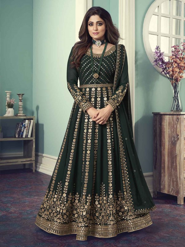 Green Colour Silk,Shantoon Fabric Anarkali Salwar Kameez.