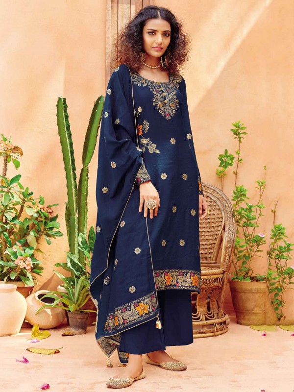 Blue Colour Silk Fabric Salwar Kameez.