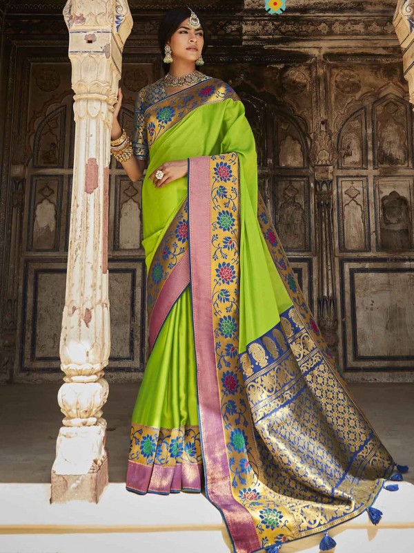 Green Colour Silk Fabric Indian Traditional Saree.