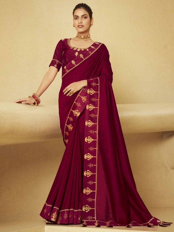 Wine Colour Georgette Fabric Party Wear Saree.