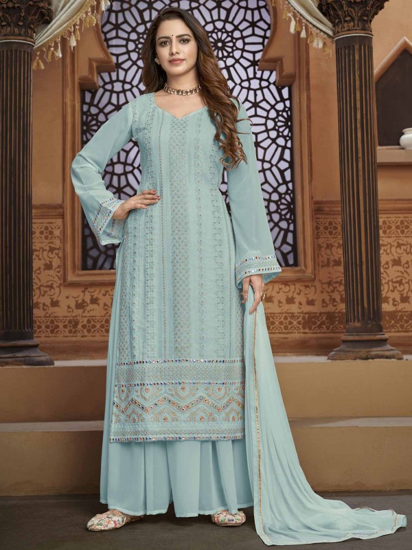 Sky Blue Colour Georgette Fabric Sharara Salwar Suit.