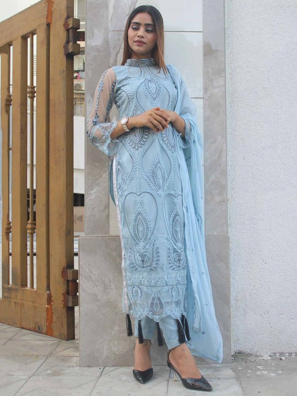 Sky Blue Colour Women Salwar Kameez in Net Fabric