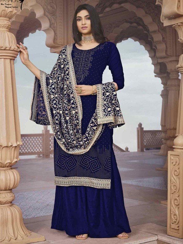 Georgette Fabric Sharara Salwar Suit in Blue Colour.