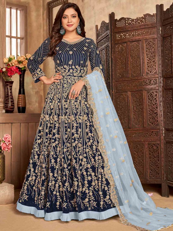 Blue Colour Velvet Fabric AnarkalI Salwar Suit.
