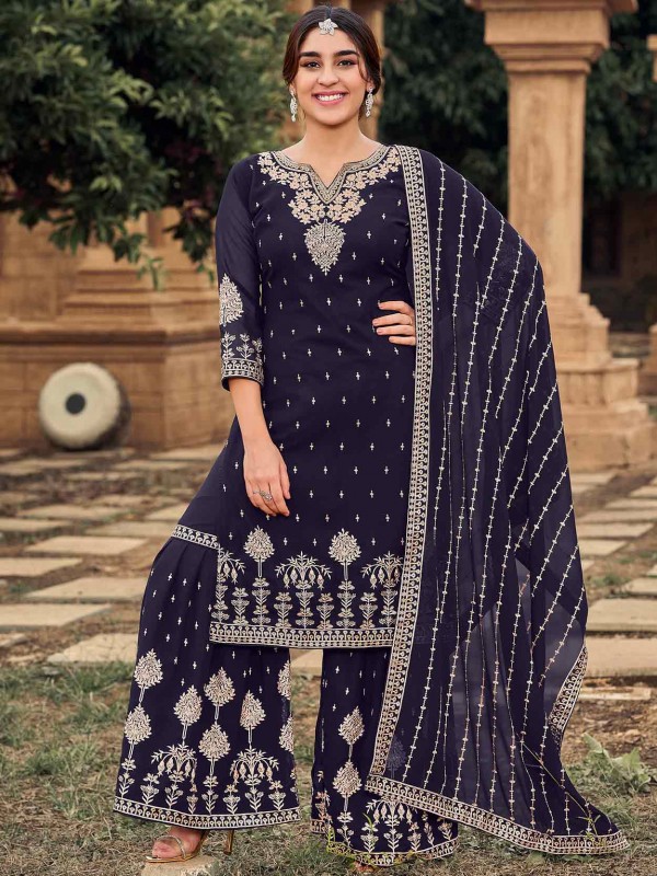 Blue Colour Sharara Salwar Suit in Georgette Fabric.