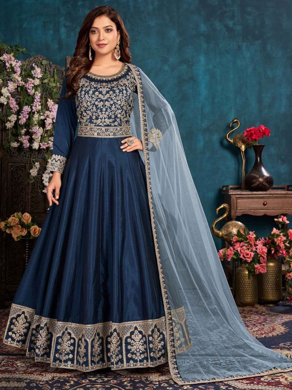 Blue Colour Art Silk Fabric Designer Anarkali Salwar Suit.