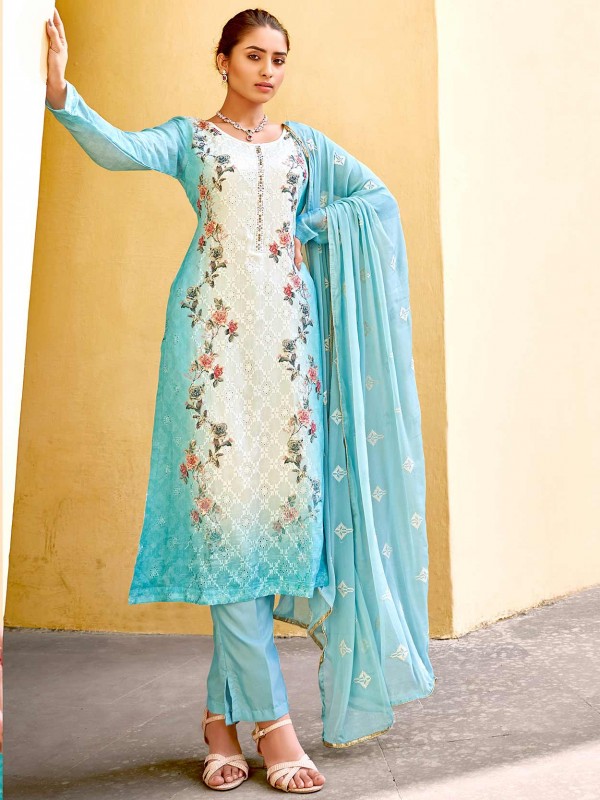 Sky Blue Colour Women Salwar Suit in Chinon Fabric.