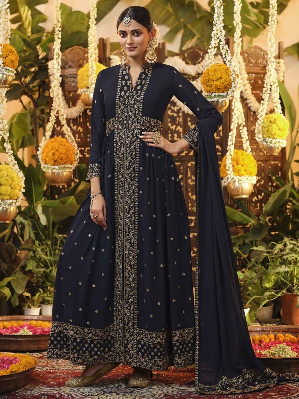 Blue Colour Georgette Fabric Anarkali Style Salwar Suit.