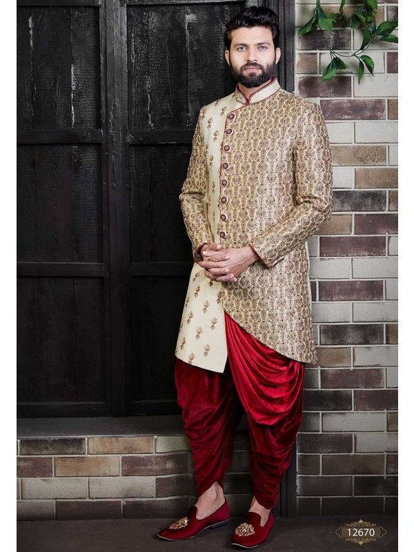 Cream,Golden Colour Sherwani For Men Wedding