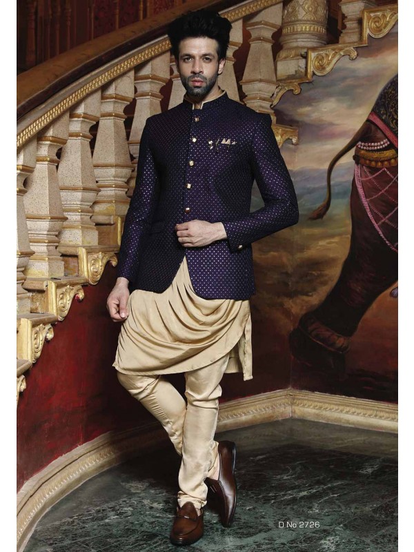 Buy Designer Suits for Men Blue Color Printed Jodhpuri Suit