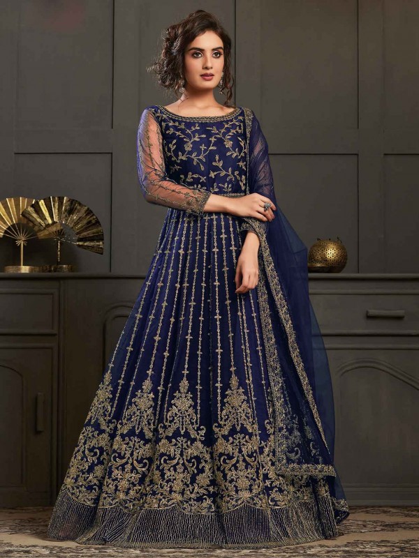Blue Colour Net Anarkali Salwar Suit.