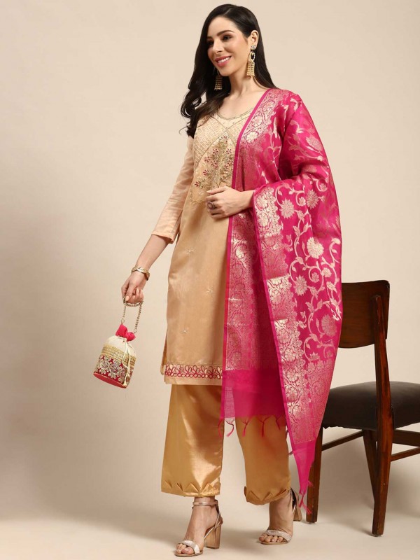 Peach Colour Palazzo Salwar Suit in Silk Fabric.
