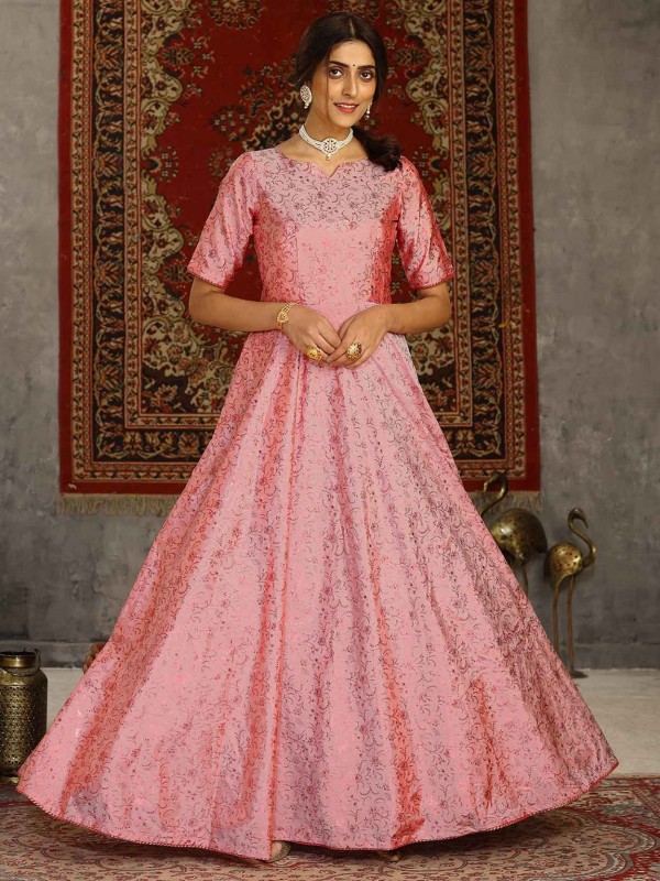 Pink Colour Silk Fabric Readymade Gown.