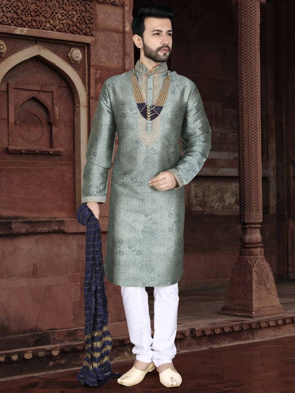 Turquoise Colour Jacquard Fabric Mens Kurta Pajama.