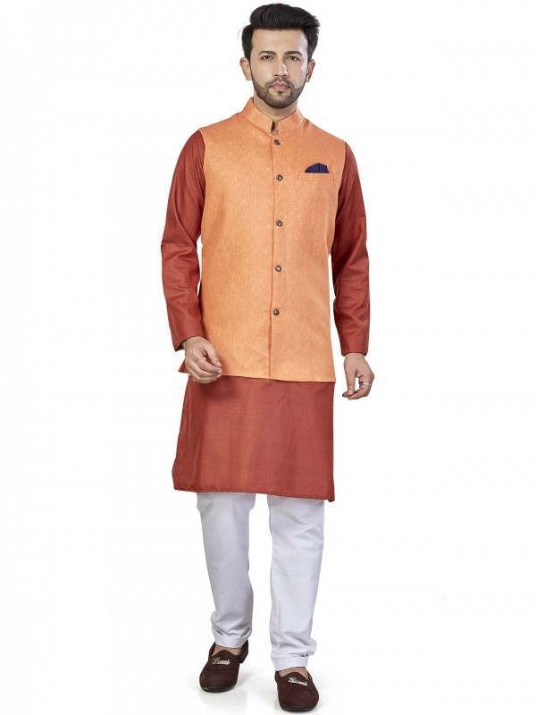 Orange Colour Indian Kurta Jacket in Linen Fabric.