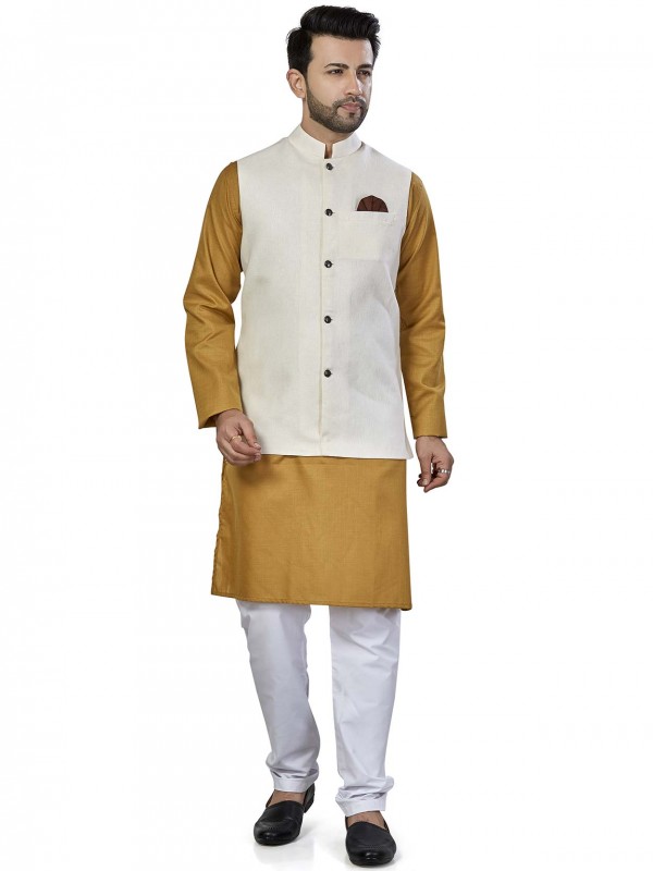 Yellow,White Colour Readymade Kurta Jacket in Linen Fabric.