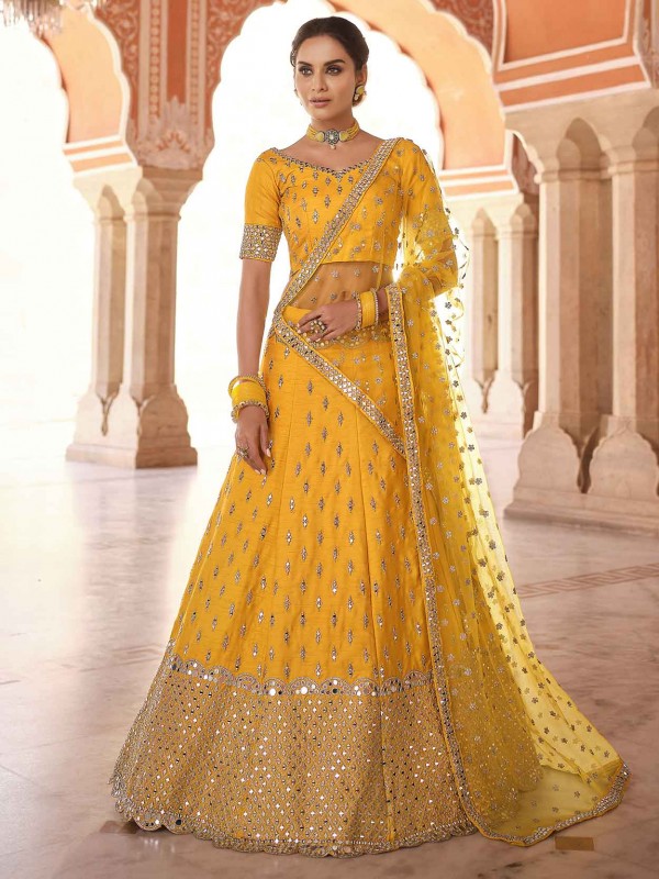 Mustard Yellow Art Silk Fabric Indian Wedding Lehenga Choli.