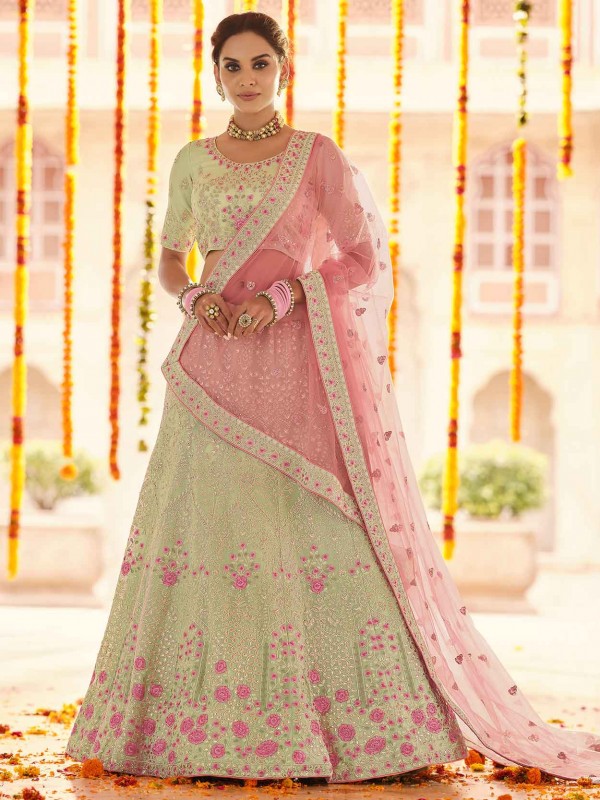 Georgette Fabric Designer Wedding Lehenga Choli Pista Green Colour.