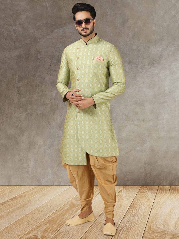 Pista Green Colour Brocade Silk,Jacquard Fabric Semi Indowestern Kurta For Men.