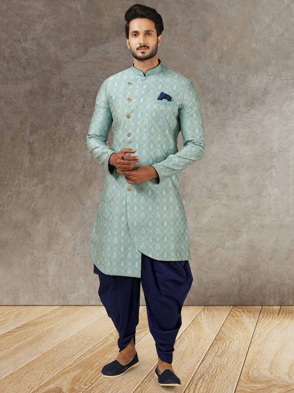 Turquoise Colour Designer Semi Indowestern Kurta in Brocade Silk,Jacquard Fabric.