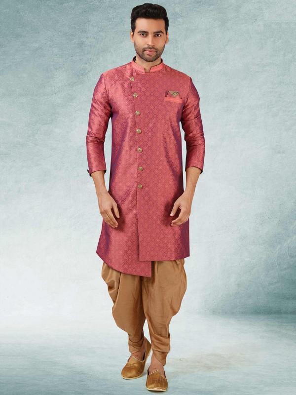 Magenta,Purple Colour Designer Semi Indo Kurta in Brocade Silk,Jacquard Fabric.