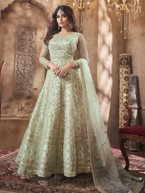 Pista Green Anarkali Bollywood Salwar Suit in Net Fabric.