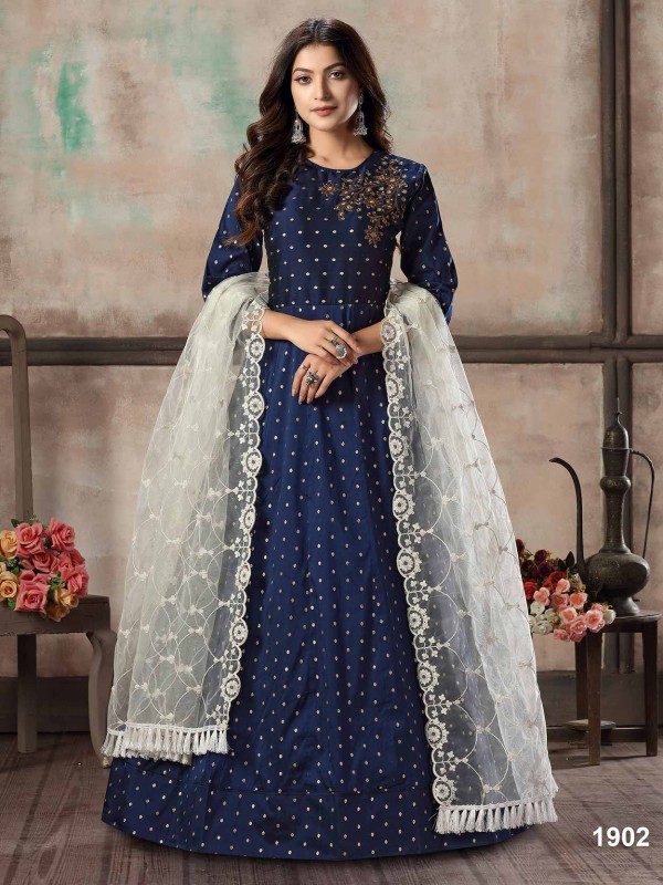 Blue Anarkali Salwar Suit With Tafeta Silk Fabric.
