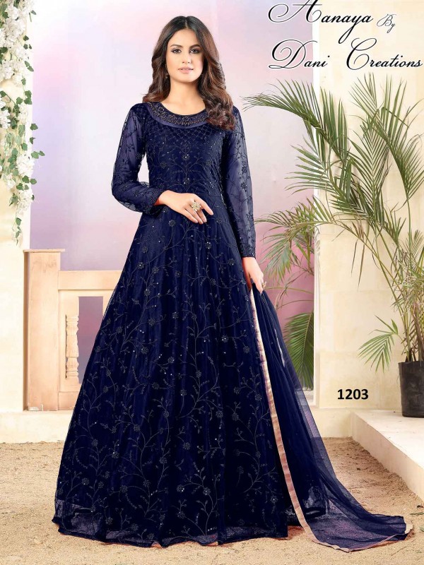 Blue in Net Fabric Salwar Suit With Embroidery Work.