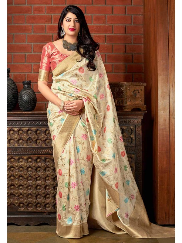 Cream Colour Indian Designer Sari.