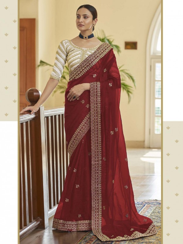 Red Colour Organza Fabric Indian Wedding Saree.