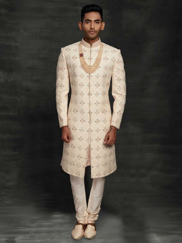 Cream,Golden Colour Silk Fabric Mens Wedding Sherwani.