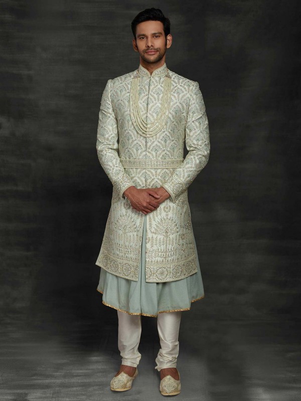 Cream,Off White Colour Silk Fabric Mens Wedding Sherwani.
