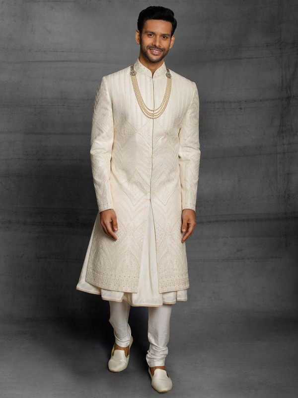 Cream Colour Silk Fabric Indian Groom Sherwani.