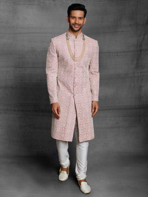 Pink Colour Silk Fabric Designer Sherwani.