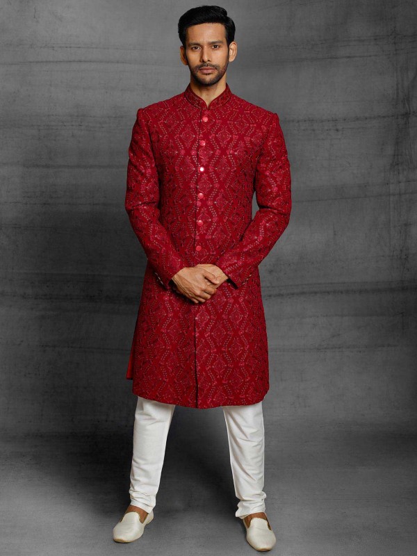 Maroon Colour Silk Fabric Groom Sherwani With Thread,Hand Work.