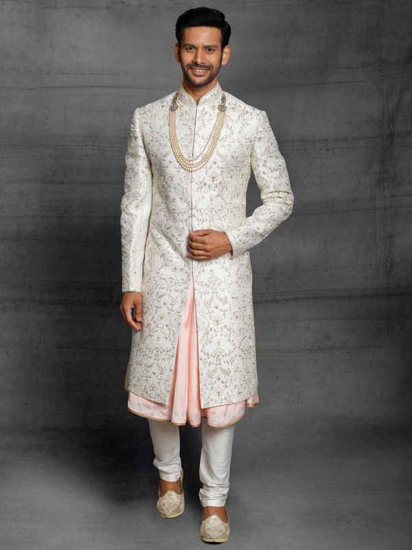 Off White,Peach Colour Silk Fabric Mens Wedding Sherwani in Thread,Hand Work.
