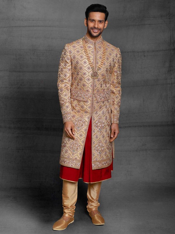 Indian Wedding Sherwani Golden,Maroon Colour Silk Fabric.