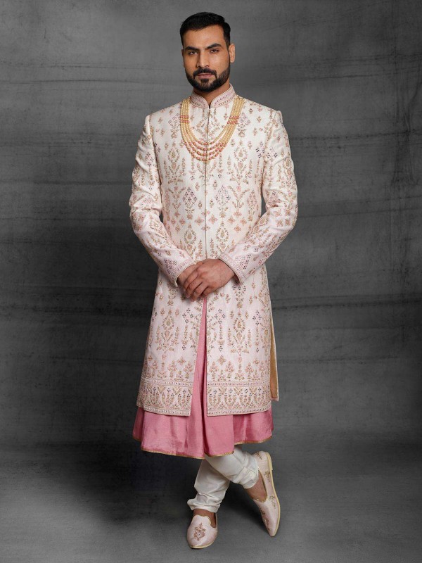 Cream,Pink Colour Silk Fabric Indian Groom Sherwani.