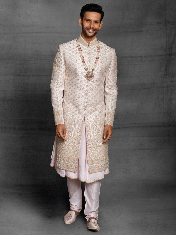 Cream,Pink Colour Silk Fabric Mens Sherwani.
