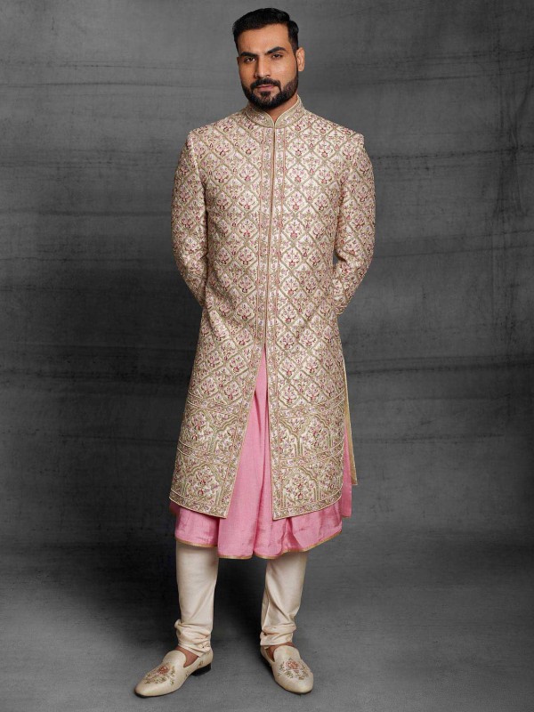 Golden,Pink Colour Silk Fabric Mens Sherwani in Thread,Hand Work.