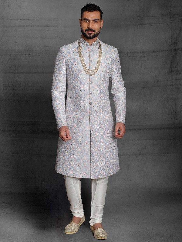 Sky Blue Colour Silk Fabric Mens Wedding Sherwani.