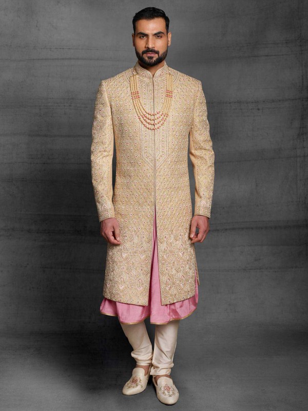 Golden,Pink Colour Silk Fabric Indian Groom Sherwani in Thread,Hand Work.