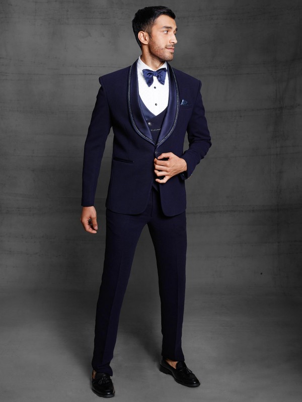 Navy Blue Colour Imported Fabric Designer Groom Suit.