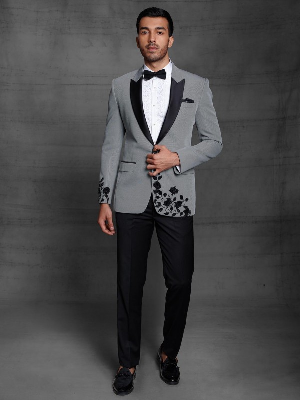 Grey Colour Imported Fabric Designer Tuxedo Suit.
