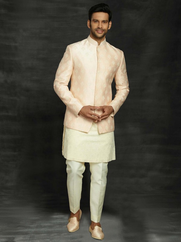 Peach Colour Imported Fabric Indian Designer Jodhpuri Suit.