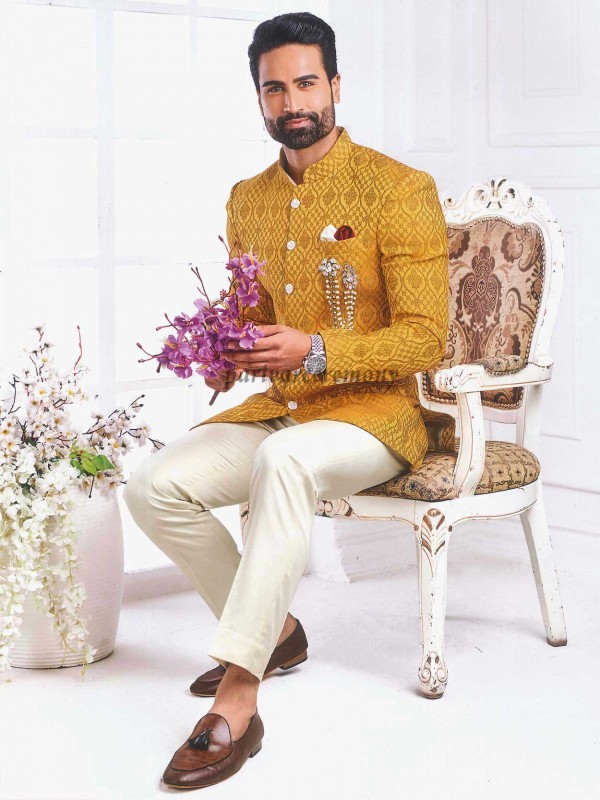 Mustard Yellow Colour Designer Jodhpuri Suit in Imported Fabric.